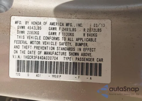 2013 Honda Accord Ex-L V-6 from USA, damaged, VIN 1HGCR3F84DA030704
